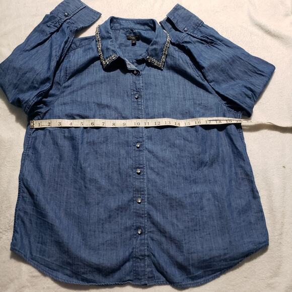 Talbots Button-up Denim Shirt Women's PL Blue Rhinestone Embellished Long Sleeve - Picture 7 of 8